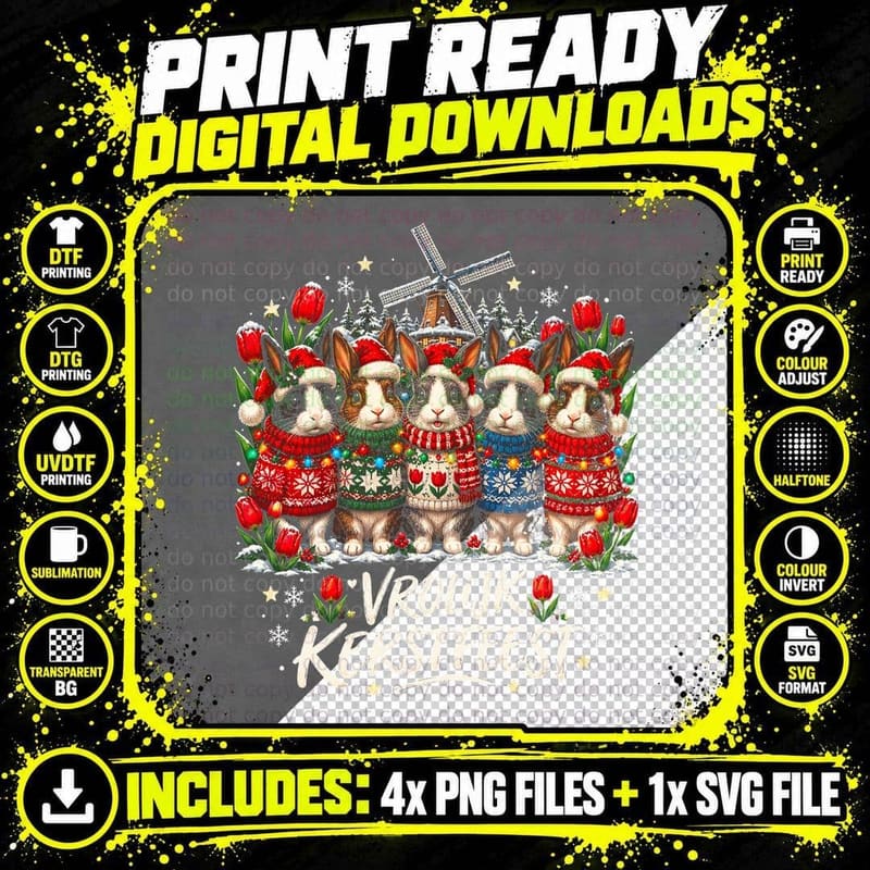 Vrolijk Kerstfeest Dutch Rabbits Ugly Christmas Sweaters Tulips Halftone T-Shirt Png SVG Digital Bundle
