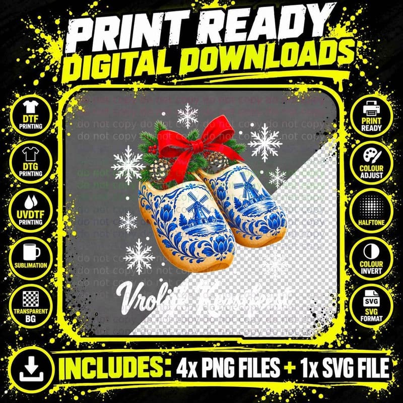 Vrolijk Kerstfeest Delft Blue Wooden Clogs Dutch Christmas Halftone T-Shirt Png SVG Digital Bundle