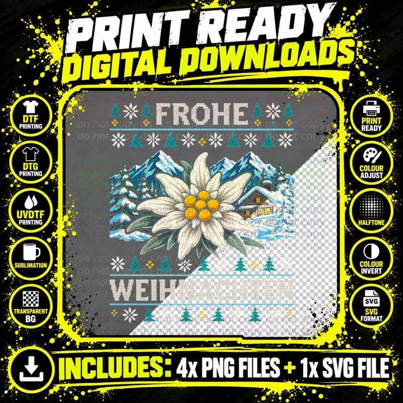 Frohe Weihnachten Edelweiss Flower Alpine Knit Christmas Jumper Halftone T-Shirt Png SVG Digital Bundle