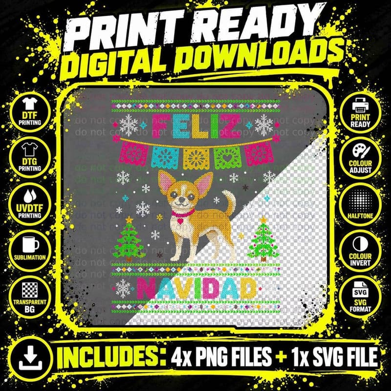Feliz Navidad Chihuahua Knitted Christmas Jumper Mexican Dog Halftone T-Shirt Png SVG Digital Bundle