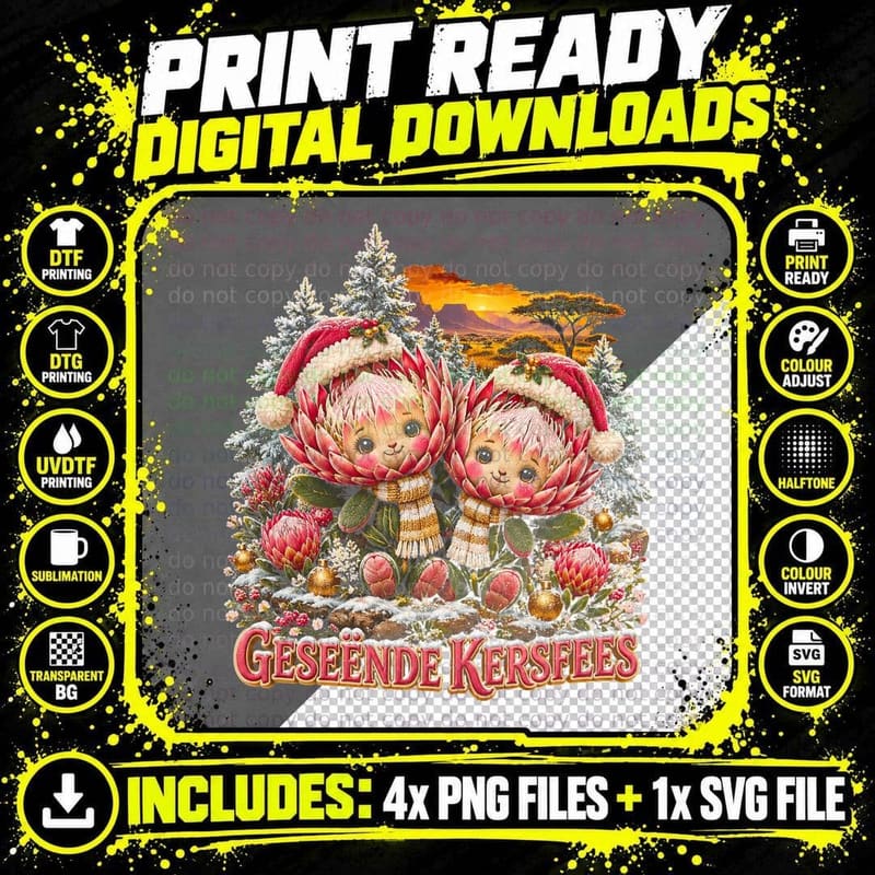 Geseende Kersfees South African Protea Flowers Cute Christmas Halftone T-Shirt Png SVG Digital Bundle