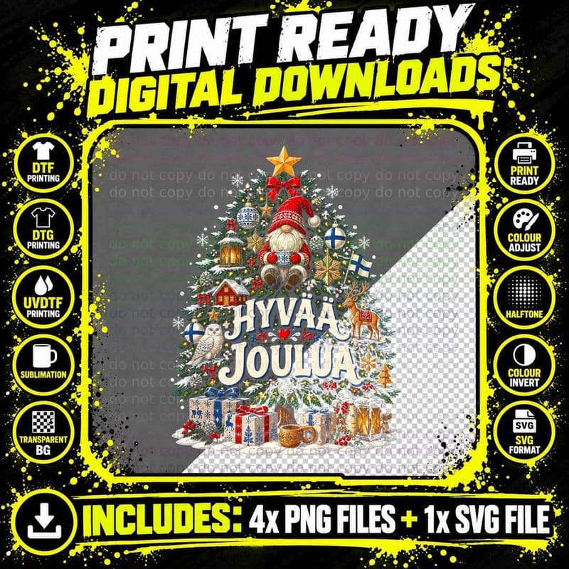 Hyvaa Joulua Finnish Christmas Tree Tonttu Gnome Owl Reindeer Halftone T-Shirt Png SVG Digital Bundle