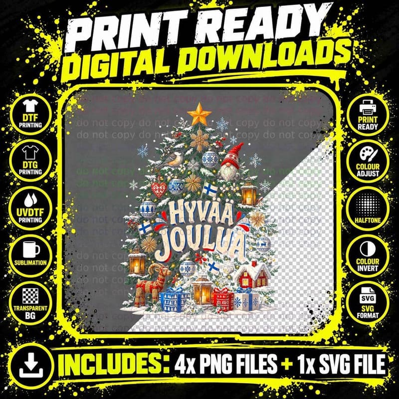 Hyvaa Joulua Finland Christmas Tree Straw Goat Himmeli Cottage Halftone T-Shirt Png SVG Digital Bundle