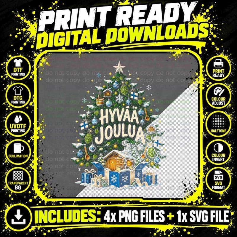 Hyvaa Joulua Finnish Sauna Cabin Christmas Tree Flags Snowy Halftone T-Shirt Png SVG Digital Bundle