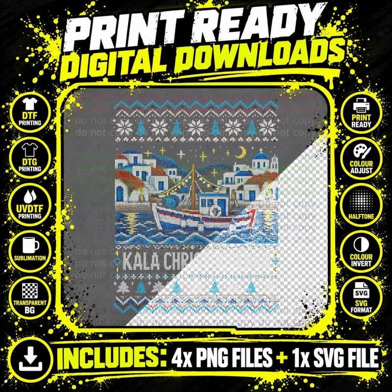Kala Christougenna Greek Fishing Boat Knitted Christmas Jumper Halftone T-Shirt Png SVG Digital Bundle