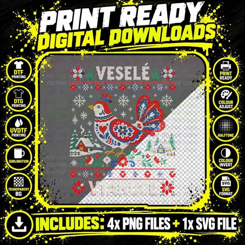 Vesele Vianoce Slovak Folk Art Bird Knitted Christmas Jumper Halftone T-Shirt Png SVG Digital Bundle