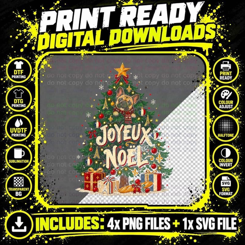 Joyeux Noel French Bulldog Christmas Tree Frenchie Dog Lover Halftone T-Shirt Png SVG Digital Bundle