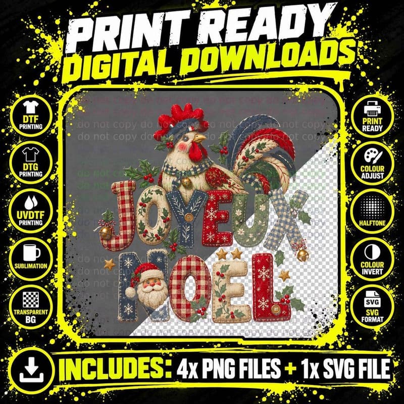 Joyeux Noel Knitted Letters French Rooster Santa Christmas Halftone T-Shirt Png SVG Digital Bundle