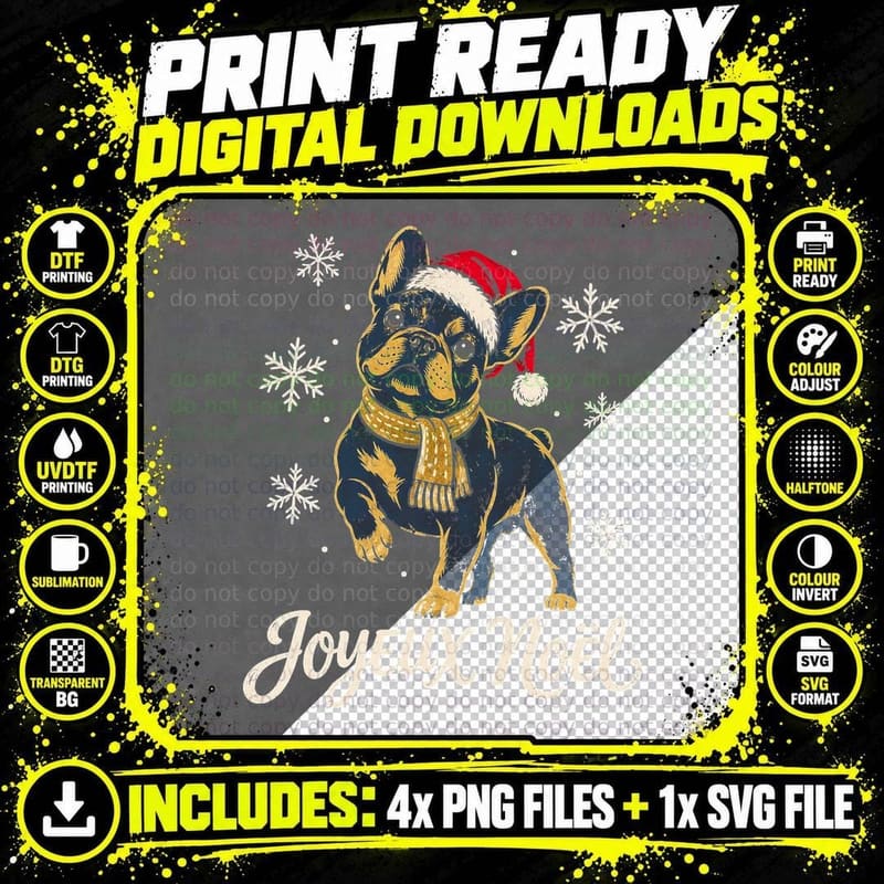Joyeux Noel Black French Bulldog Santa Hat Frenchie Christmas Halftone T-Shirt Png SVG Digital Bundle
