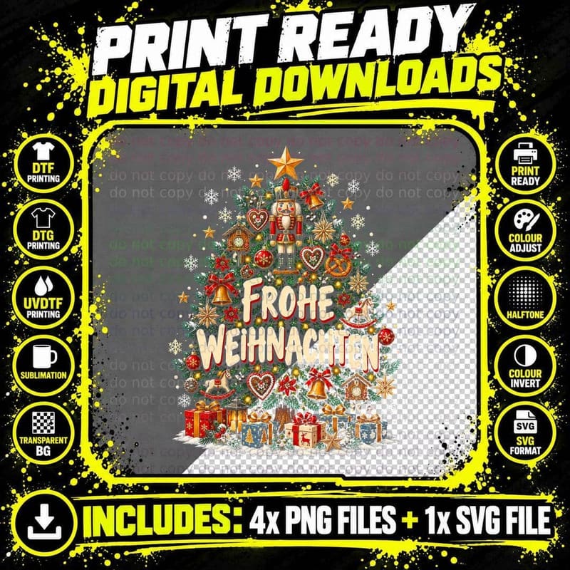 Frohe Weihnachten German Christmas Tree Nutcracker Cuckoo Clock Halftone T-Shirt Png SVG Digital Bundle