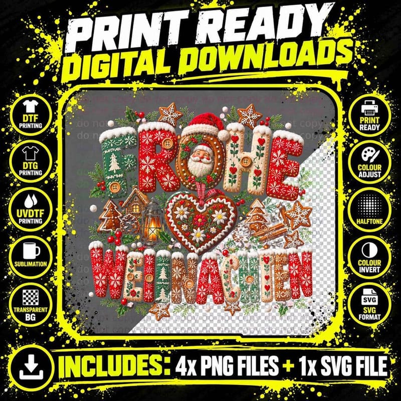 Frohe Weihnachten Knitted Letters Gingerbread Heart German Xmas Halftone T-Shirt Png SVG Digital Bundle