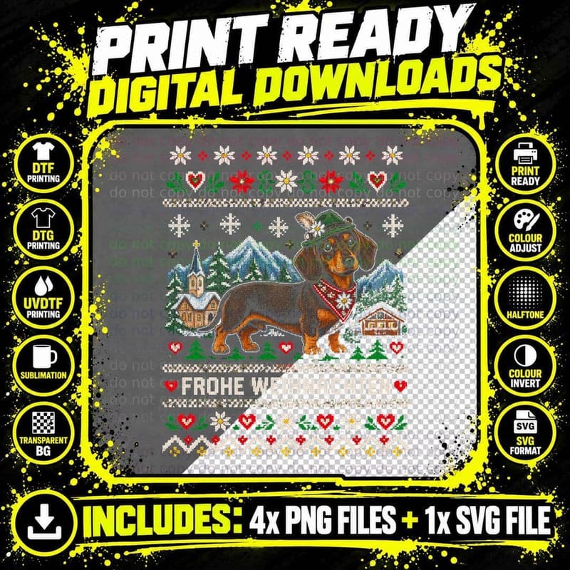 Frohe Weihnachten Dachshund Alpine Hat Knitted Christmas Jumper Halftone T-Shirt Png SVG Digital Bundle