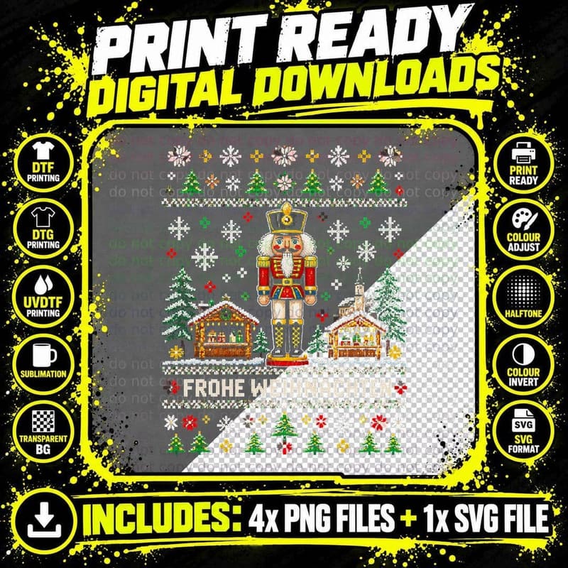 Frohe Weihnachten Nutcracker Christmas Market Ugly Xmas Sweater Halftone T-Shirt Png SVG Digital Bundle