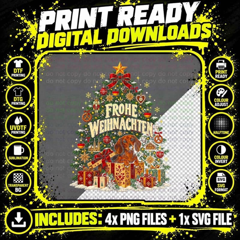 Germany Christmas Tree Frohe Weihnachten Dachshund Pretzels Halftone T-Shirt Png SVG Digital Bundle
