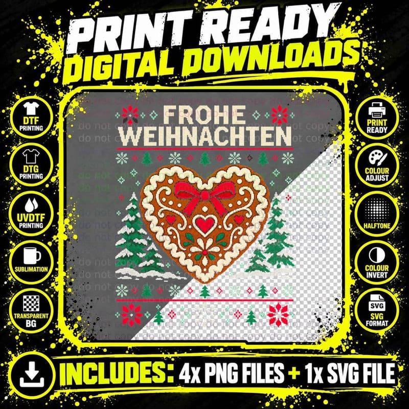 Frohe Weihnachten Lebkuchen Gingerbread Heart Knit Xmas Jumper Halftone T-Shirt Png SVG Digital Bundle