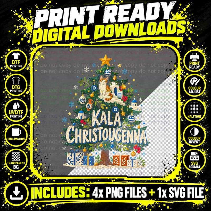 Kala Christougenna Greek Christmas Tree Island Cat Evil Eye Halftone T-Shirt Png SVG Digital Bundle