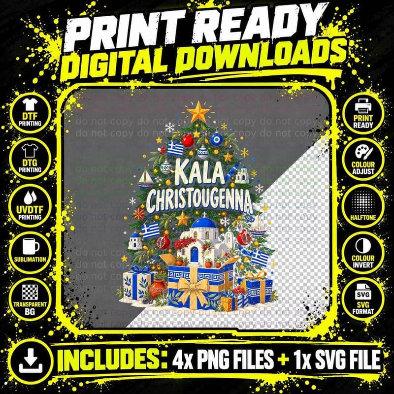 Kala Christougenna Greek Christmas Tree Blue Dome Church Halftone T-Shirt Png SVG Digital Bundle