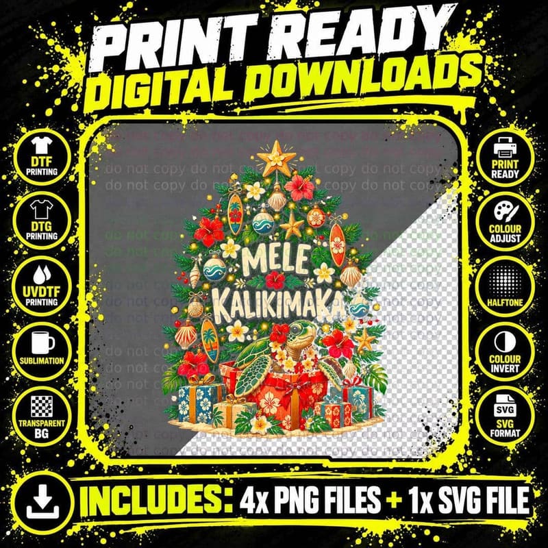 Mele Kalikimaka Hawaiian Christmas Tree Sea Turtle Hibiscus Halftone T-Shirt Png SVG Digital Bundle