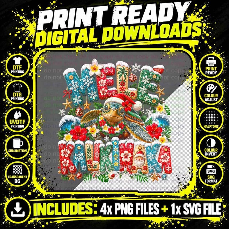 Mele Kalikimaka Knitted Letters Honu Turtle Hawaiian Christmas Halftone T-Shirt Png SVG Digital Bundle