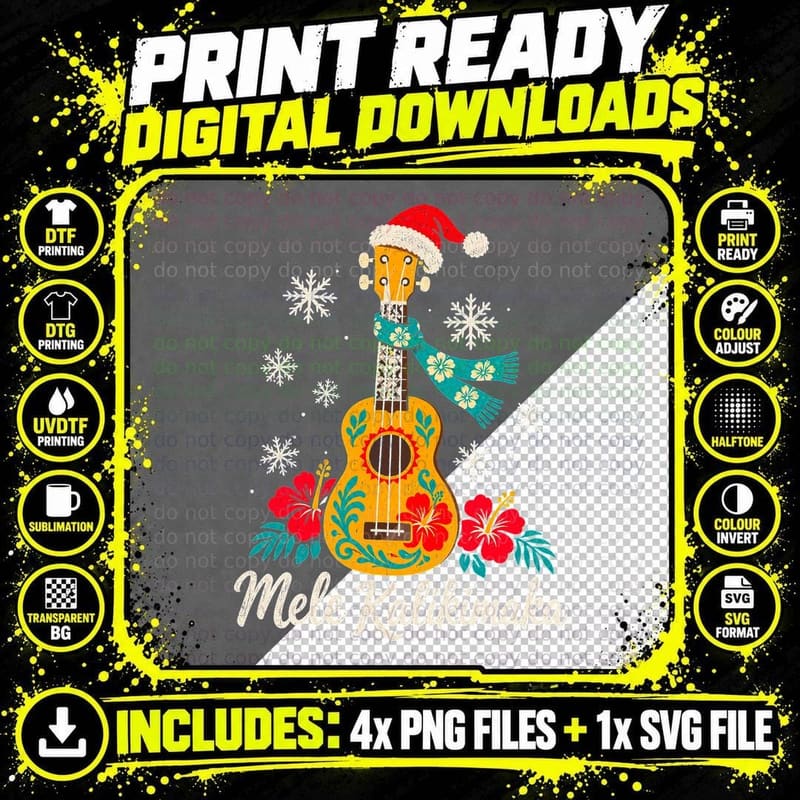 Mele Kalikimaka Ukulele Santa Hat Hibiscus Hawaiian Christmas Halftone T-Shirt Png SVG Digital Bundle