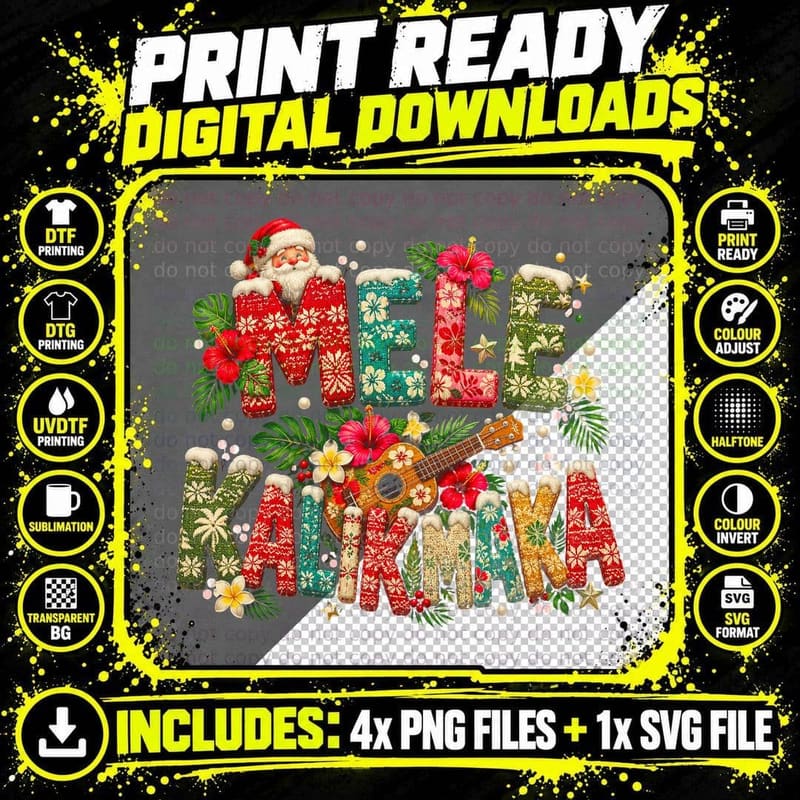 Mele Kalikimaka Knit Letters Ukulele Hibiscus Hawaii Christmas Halftone T-Shirt Png SVG Digital Bundle