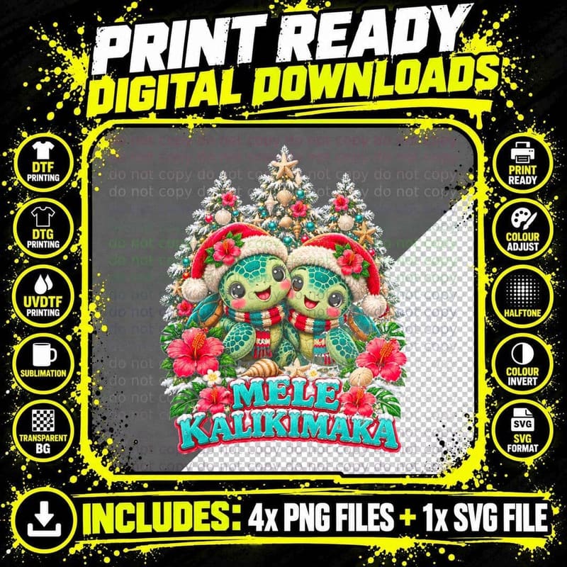 Mele Kalikimaka Honu Sea Turtles Cute Plush Hawaiian Christmas Halftone T-Shirt Png SVG Digital Bundle