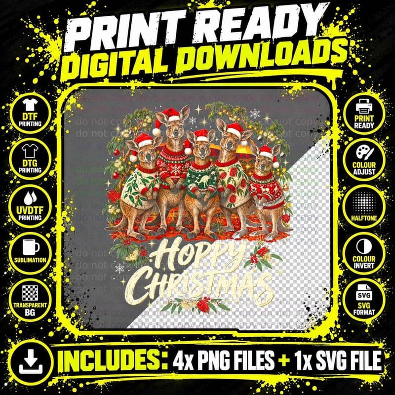 Hoppy Christmas Funny Kangaroo Pun Aussie Ugly Xmas Sweaters Halftone T-Shirt Png SVG Digital Bundle