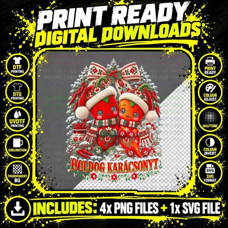 Boldog Karacsonyt Hungarian Paprika Peppers Cute Plush Xmas Halftone T-Shirt Png SVG Digital Bundle