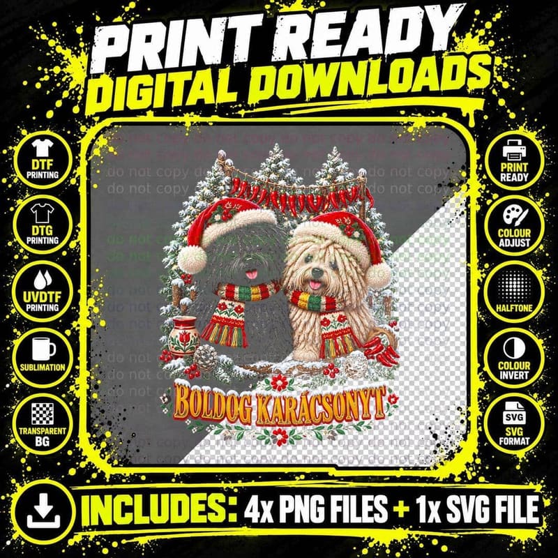 Boldog Karacsonyt Puli Puppies Cute Plush Hungarian Christmas Halftone T-Shirt Png SVG Digital Bundle