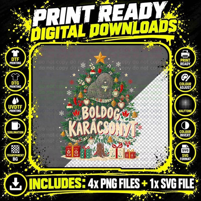 Boldog Karacsonyt Hungary Christmas Tree Puli Dog Topper Hearts Halftone T-Shirt Png SVG Digital Bundle