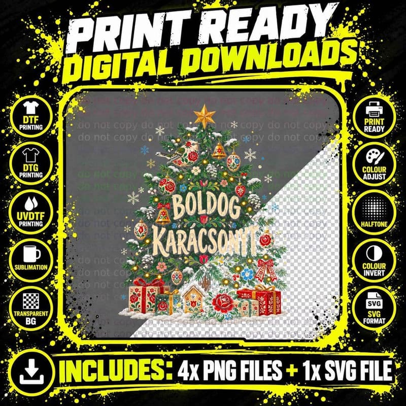 Boldog Karacsonyt Hungary Christmas Tree Folk Art Painted Eggs Halftone T-Shirt Png SVG Digital Bundle