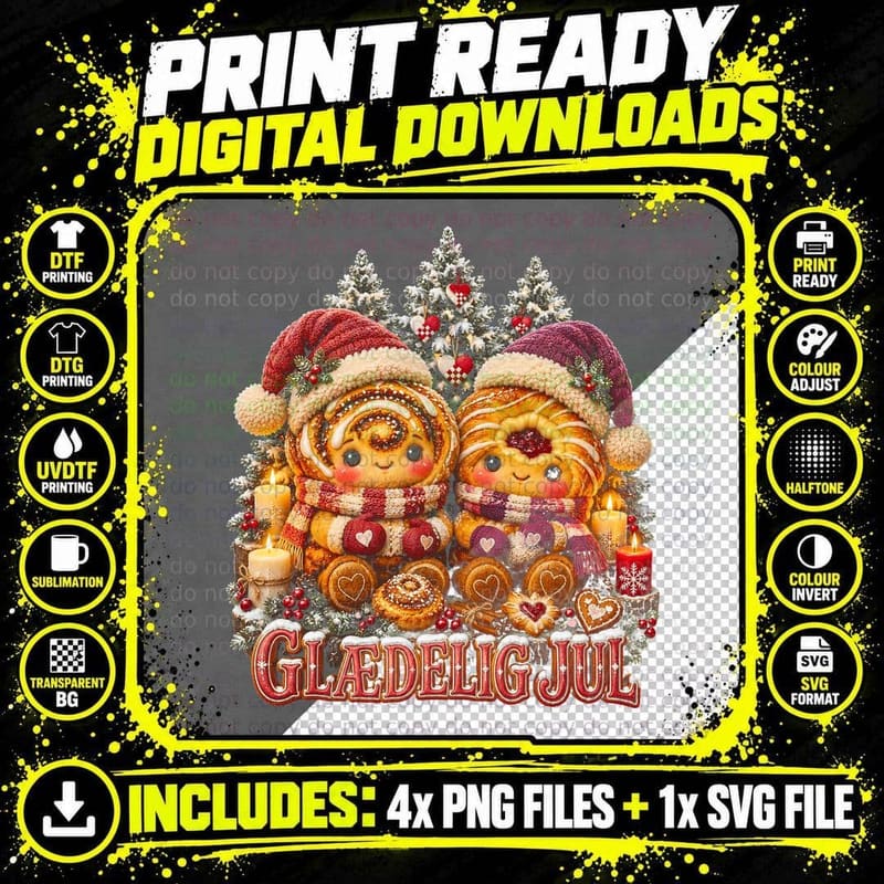 Glaedelig Jul Cute Cinnamon Bun Danish Pastry Plush Christmas Halftone T-Shirt Png SVG Digital Bundle