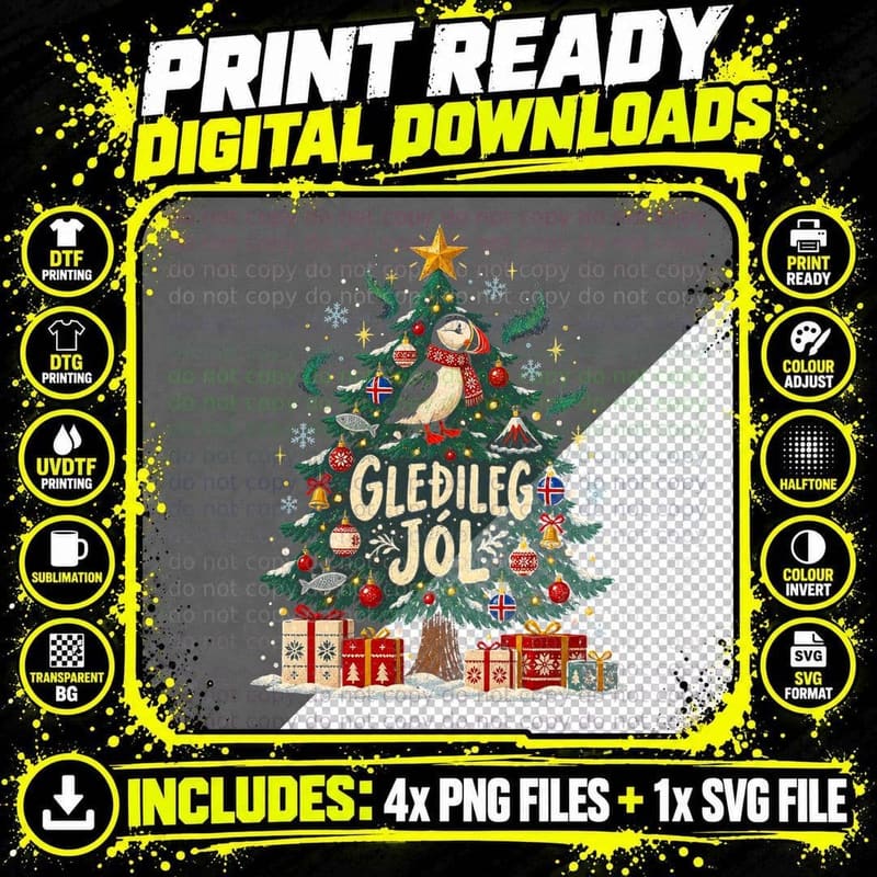 Gledileg Jol Iceland Christmas Tree Puffin Northern Lights Halftone T-Shirt Png SVG Digital Bundle
