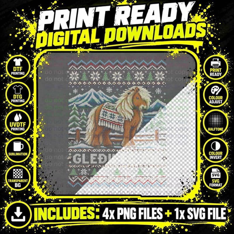 Gledileg Jol Icelandic Horse Knitted Christmas Jumper Mountains Halftone T-Shirt Png SVG Digital Bundle