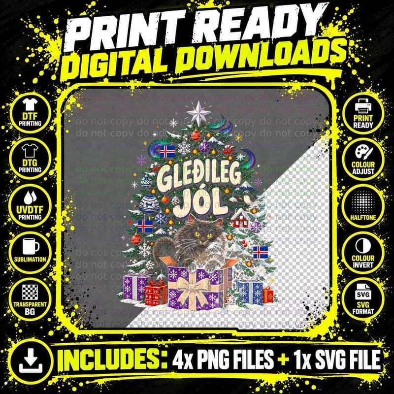 Gledileg Jol Icelandic Yule Cat Christmas Tree Northern Lights Halftone T-Shirt Png SVG Digital Bundle