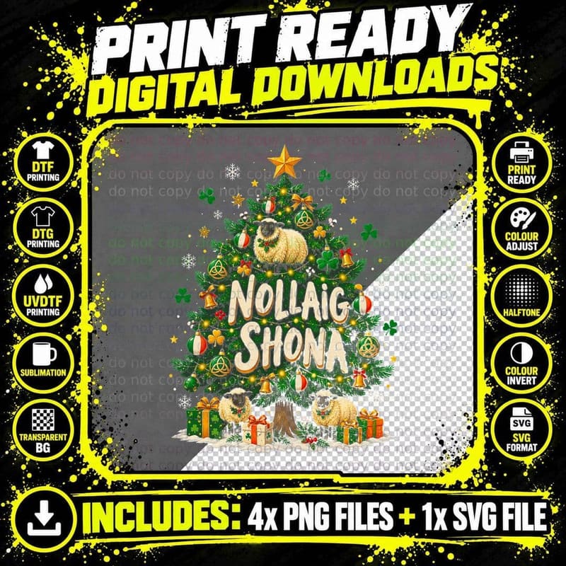 Nollaig Shona Irish Christmas Tree Sheep Celtic Knots Shamrocks Halftone T-Shirt Png SVG Digital Bundle