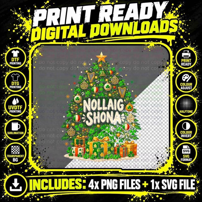 Nollaig Shona Christmas Tree Made Of Shamrocks Irish Harps Halftone T-Shirt Png SVG Digital Bundle