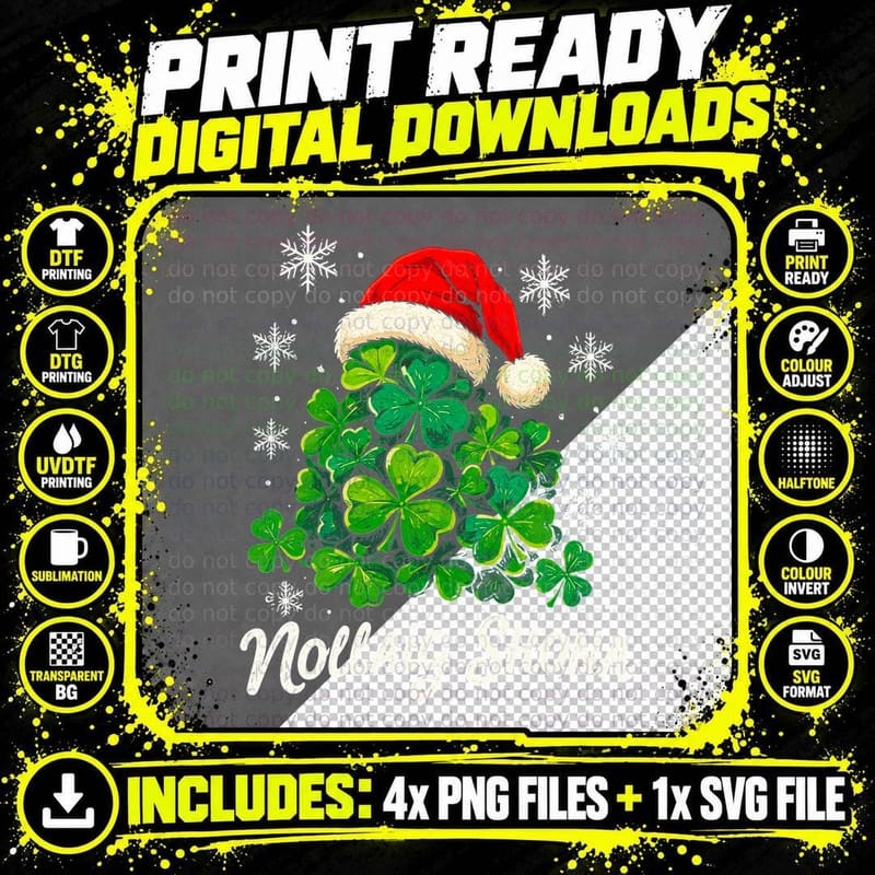 Nollaig Shona Shamrocks in Santa Hat Irish Christmas Clover Halftone T-Shirt Png SVG Digital Bundle