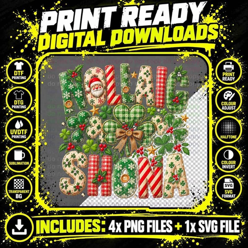 Nollaig Shona Patchwork Letters Gingham Shamrock Irish Xmas Halftone T-Shirt Png SVG Digital Bundle