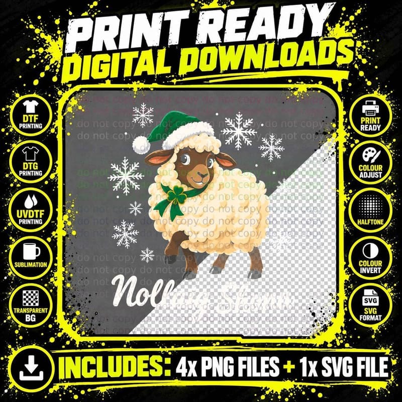 Nollaig Shona Irish Sheep in Green Santa Hat Christmas Lamb Halftone T-Shirt Png SVG Digital Bundle