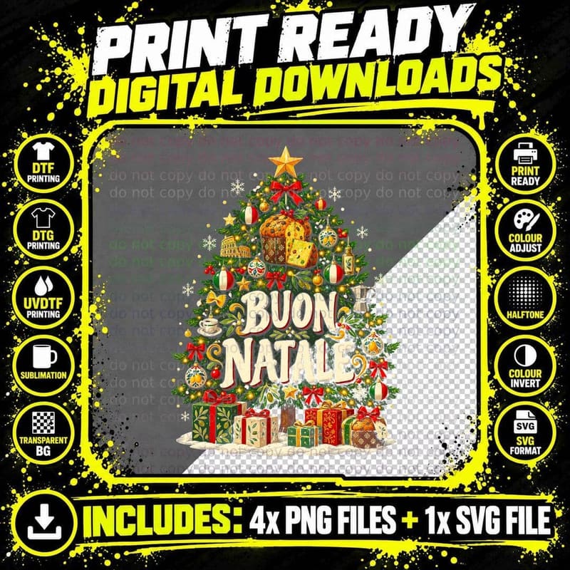 Buon Natale Italian Christmas Tree Panettone Moka Pot Colosseum Halftone T-Shirt Png SVG Digital Bundle
