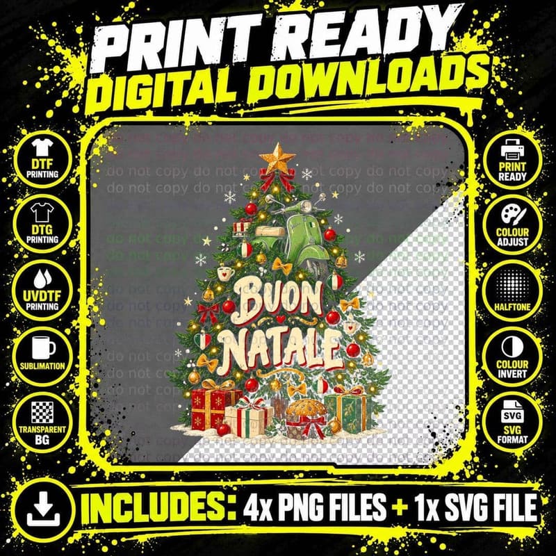 Buon Natale Italy Christmas Tree Green Scooter Topper Panettone Halftone T-Shirt Png SVG Digital Bundle