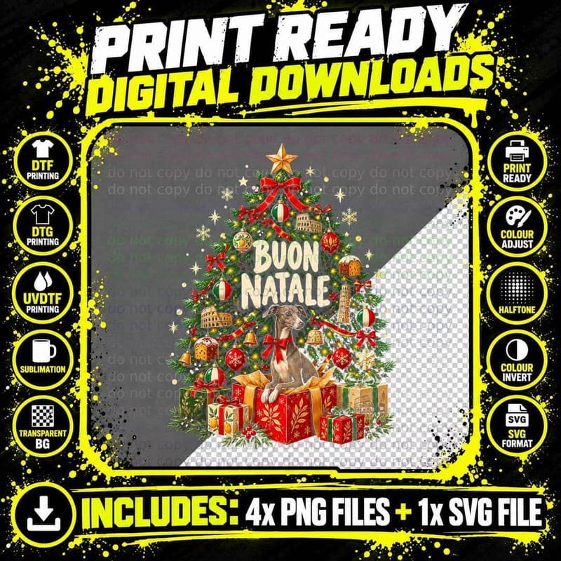 Buon Natale Italy Christmas Tree Italian Greyhound Colosseum Halftone T-Shirt Png SVG Digital Bundle