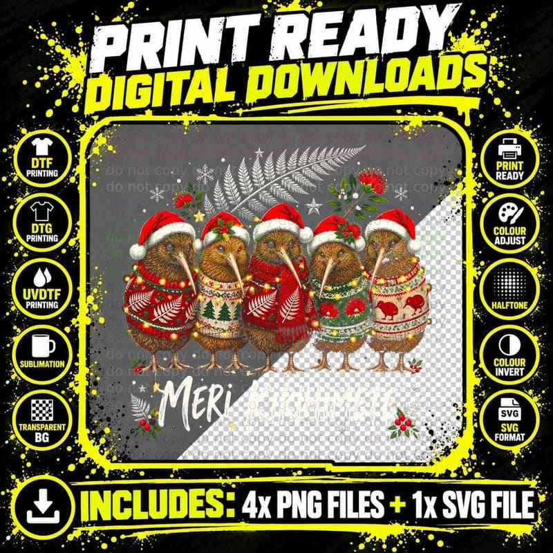 Meri Kirihimete Kiwi Birds Ugly Christmas Sweaters Silver Fern Halftone T-Shirt Png SVG Digital Bundle