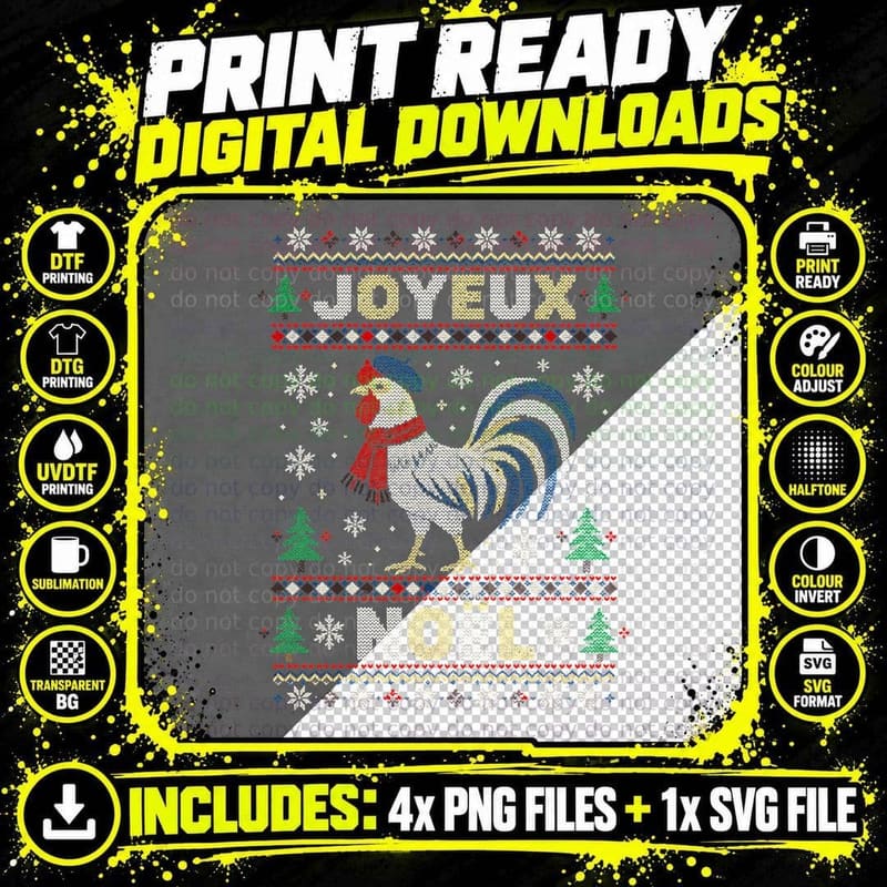 Joyeux Noel French Gallic Rooster Knit Christmas Jumper Halftone T-Shirt Png SVG Digital Bundle