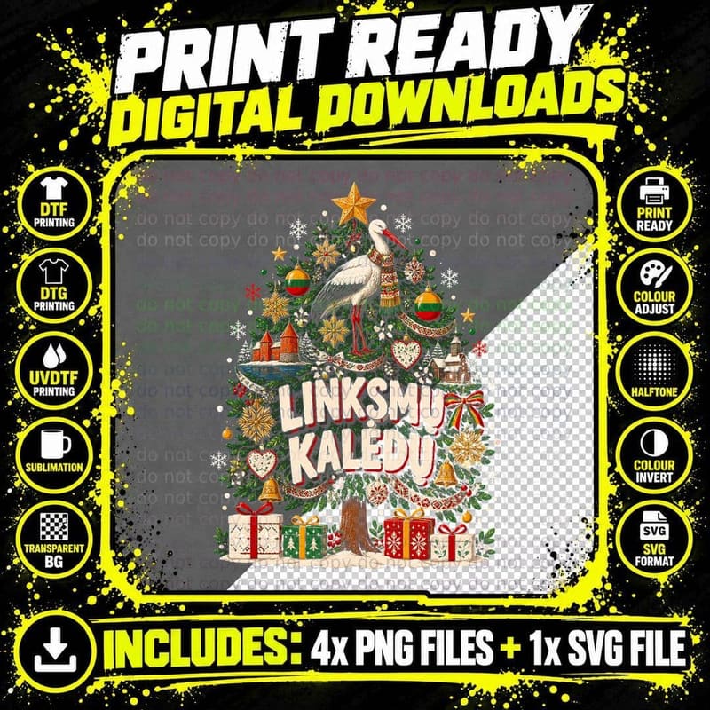 Linksmu Kaledu Lithuanian Christmas Tree Stork Trakai Castle Halftone T-Shirt Png SVG Digital Bundle