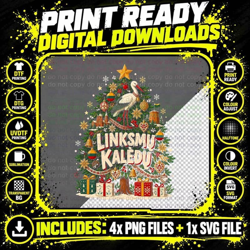 Linksmu Kaledu Lithuania Christmas Tree Stork Gediminas Tower Halftone T-Shirt Png SVG Digital Bundle