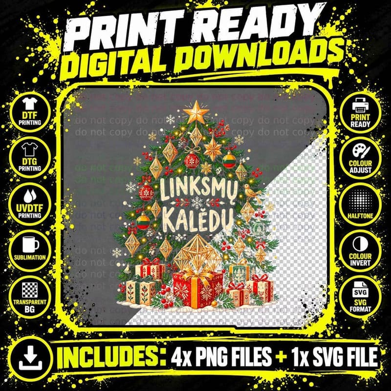 Linksmu Kaledu Lithuanian Christmas Tree Straw Sodai Ornaments Halftone T-Shirt Png SVG Digital Bundle