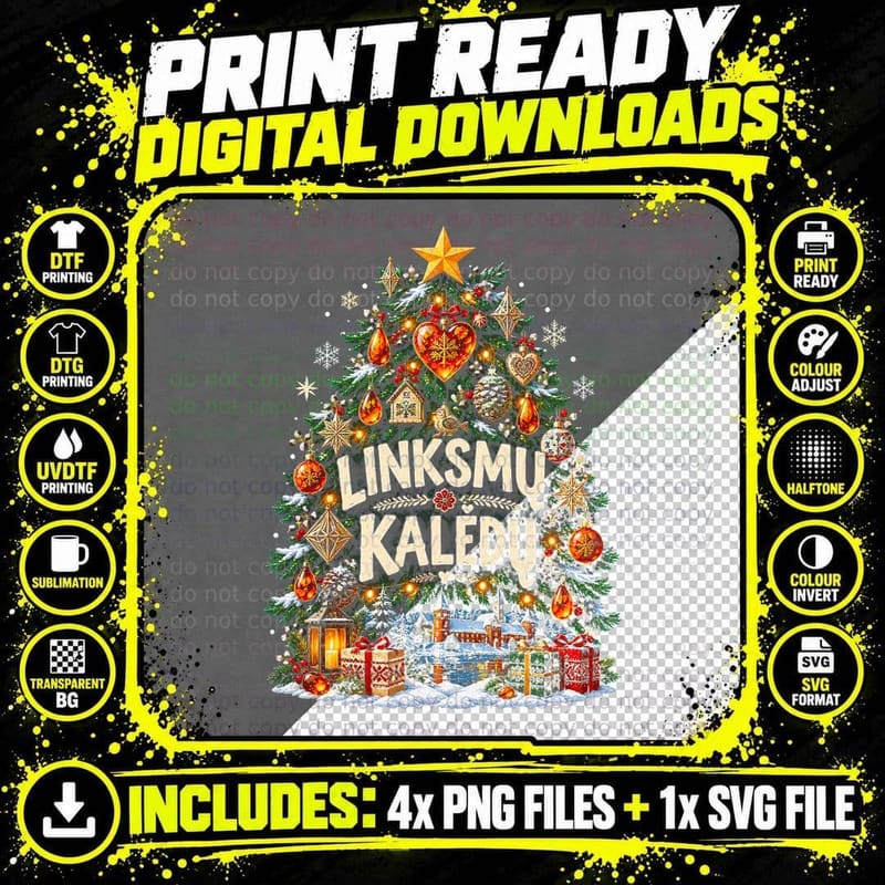 Linksmu Kaledu Lithuania Christmas Tree Amber Ornaments Castle Halftone T-Shirt Png SVG Digital Bundle