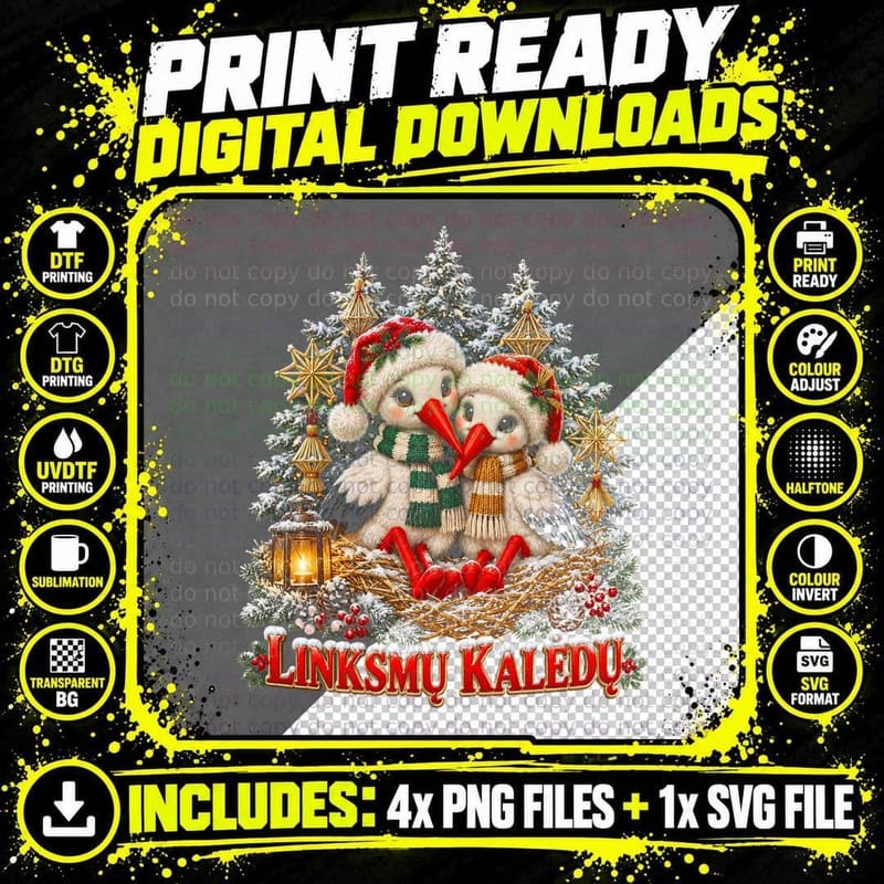 Linksmu Kaledu Stork Couple in Nest Plush Lithuanian Christmas Halftone T-Shirt Png SVG Digital Bundle